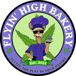 Logo - a llama in a purple baker's hat is holding up a cupcake on a plate, behind him is a cannabis leaf.